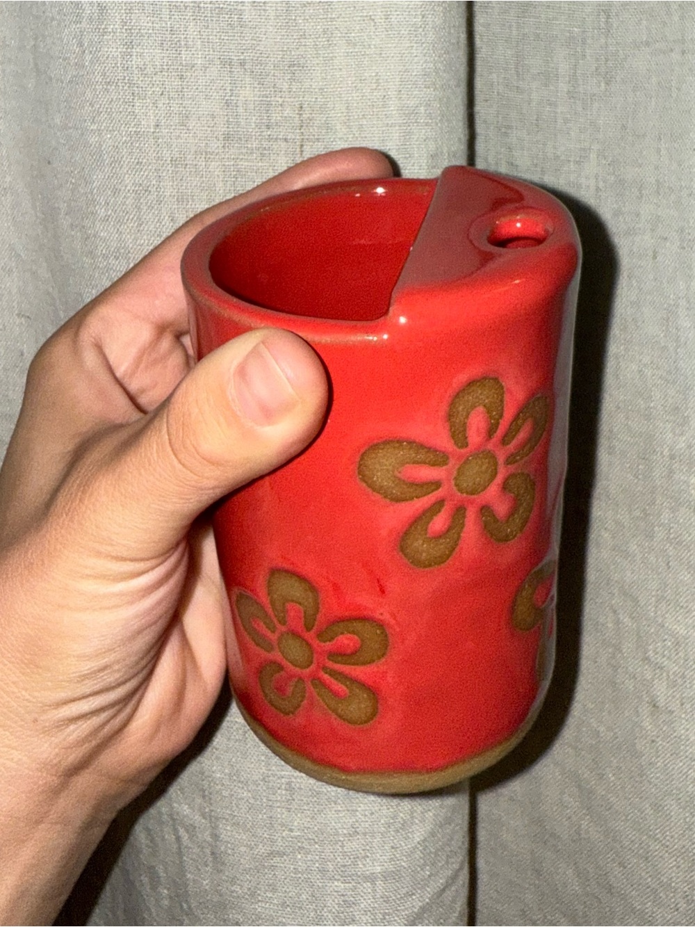 Handmade red with flowers ceramic and glazed to go/ travel mug